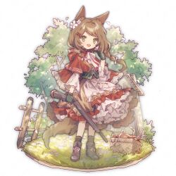 Rule 34 | 1girl, animal ear fluff, animal ears, apron, basket, black gloves, bolt action, boots, braid, brown eyes, brown footwear, brown hair, capelet, dress, flower, full body, gloves, gun, hair flower, hair ornament, hairclip, little red riding hood, long hair, neoki ohae, open mouth, original, outdoors, red capelet, red dress, remington model 700, rifle, smile, sniper rifle, solo, tail, tree, twin braids, twintails, waist apron, weapon, weapon request, wolf ears, wolf girl, wolf tail
