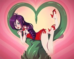 Rule 34 | ass, blue eyes, consensual tentacles, drill hair, heart, high heels, lingerie, lipstick, lowres, makeup, nightgown, purple hair, red heels, tentacles, tentacles, underwear, zone-tan