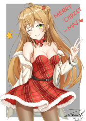 Rule 34 | 1girl, ;d, arm behind back, armpit peek, bare shoulders, belt, blush, boots, bow, bow choker, breasts, brown hair, brown pantyhose, buckle, choker, christmas, christmas ornaments, cleavage, coat, collarbone, dated, double bun, dress, duffel coat, fur trim, girls&#039; frontline, green eyes, hair bow, hair bun, hand up, head tilt, long hair, looking at viewer, medium breasts, official alternate costume, one eye closed, open clothes, open coat, open mouth, pantyhose, red bow, red dress, rfb (girls&#039; frontline), rfb (how rfb stole xmas) (girls&#039; frontline), santa costume, signature, smile, solo, standing, star (symbol), thighs, twitter username, unel1211, v