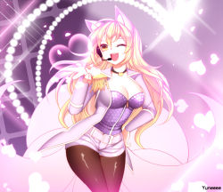 Rule 34 | 1girl, ;d, ahri (league of legends), alternate costume, alternate hair color, animal ears, artist name, belt, blinking, blonde hair, breasts, cleavage, epaulettes, female focus, fox ears, fox tail, hand on own hip, happy, head tilt, heart, jacket, jewelry, large breasts, league of legends, long hair, long sleeves, looking at viewer, microphone, multiple tails, music, neck, necklace, one eye closed, open mouth, pantyhose, popstar ahri, short shorts, shorts, singing, single epaulette, slit pupils, smile, solo, sparkle, standing, strapless, tail, wink, yellow eyes, yuneeee, zipper