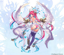 1girl absurdly_long_hair angel angel_wings aqua_hair ass back colored_inner_hair commentary copyright_notice da-kuro detached_wings dragon_genesis dress floating_hair from_behind full_body gabriel_(dragon_genesis) garter_straps halo highres long_hair looking_at_viewer looking_back multicolored_hair official_art open_mouth panties phantom_of_the_kill pink_hair pink_panties purple_eyes purple_thighhighs second-party_source solo standing thighhighs two-tone_background underwear very_long_hair water water_halo weapon_background white_dress wings