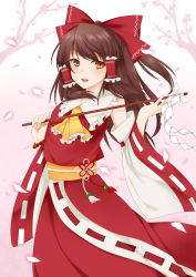 Rule 34 | 1girl, absurdres, bad id, bad pixiv id, bare shoulders, bow, brown eyes, brown hair, cherry blossoms, detached sleeves, gohei, hair bow, hair tubes, hakurei reimu, haraegushi, highres, nontraditional miko, oonusa, open mouth, petals, solo, touhou, yami nabe