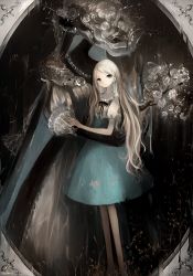 Rule 34 | arm around waist, artist name, asahiro (algl), bad id, bad pixiv id, drawing (object), dress, faceless, faceless female, flower, gown, grey eyes, hat, jewelry, long hair, looking at viewer, neck ribbon, necklace, original, pearl necklace, photo (object), ribbon, signature, silver hair