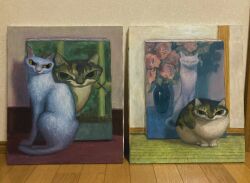 Rule 34 | animal, animal focus, cat, commentary request, full body, green eyes, highres, karin hosono, looking at viewer, no humans, original, painting (medium), painting (object), photo (medium), realistic, traditional media, white cat, yellow eyes