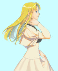 Rule 34 | 1girl, blonde hair, blue background, blue eyes, blunt ends, breasts, brooch, cowboy shot, cropped jacket, drill hair, eyelashes, floating hair, from side, hand on own neck, highres, jacket, jewelry, konjiki no gash!!, layered sleeves, long hair, long sleeves, medium breasts, ozaki (tsukiko3), parted bangs, profile, puffy short sleeves, puffy sleeves, ring, ringlets, sherry belmont, short over long sleeves, short sleeves, side drill, simple background, skirt, skirt hold, skirt set, solo, straight hair, white jacket, white skirt