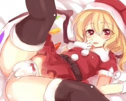 Rule 34 | 1girl, bad id, bad pixiv id, black thighhighs, blonde hair, blush, bow, bow panties, cameltoe, fingerless gloves, flandre scarlet, gloves, hat, heart, heart-shaped pupils, looking at viewer, panties, paragasu (parags112), red eyes, santa costume, santa hat, sketch, smile, solo, spread legs, symbol-shaped pupils, thighhighs, touhou, underwear, white panties, wings