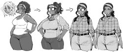 Rule 34 | 1girl, absurdres, arrow (symbol), bandana, bare shoulders, belly, breasts, choker, cleavage, coke-bottle glasses, curly hair, curvy, dark skin, denim, elf-san wa yaserarenai., glasses, greyscale, hairband, hands on own hips, highres, huge breasts, jeans, large breasts, lips, long hair, looking at viewer, medesa, monochrome, pants, plaid, plump, pointy ears, simple background, smile, snake hair, synecdoche, thick arms, thick thighs, thighs, white background