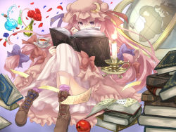 Rule 34 | 1girl, apple, azuuru (azure0608), book, book stack, boots, candle, cup, dress, flower, food, fruit, globe, hair ribbon, hat, long hair, looking at viewer, moon, paper, patchouli knowledge, pink hair, purple eyes, ribbon, rose, solo, striped clothes, striped dress, tea, teacup, touhou, very long hair, vial