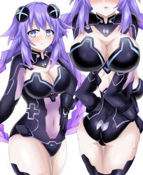 Rule 34 | 1girl, ass, blue eyes, blush, bodysuit, braid, breasts, cleavage, from behind, gloves, hair ornament, hairclip, highres, large breasts, leotard, long hair, looking at viewer, matrixjudge, multiple views, neptune (neptunia), neptune (series), purple hair, purple heart (neptunia), shiny clothes, shiny skin, smile, solo, thighhighs, twin braids, very long hair