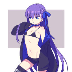 Rule 34 | 1girl, bike shorts, bikini, bikini top only, black thighhighs, blue eyes, chan co, choker, contrapposto, cowboy shot, fate/extra, fate/extra ccc, fate (series), flat chest, groin, hair ribbon, hand on own chest, highres, hood, hooded jacket, hoodie, jacket, long hair, looking away, meltryllis (fate), nail polish, navel, off shoulder, open clothes, open hoodie, open jacket, parted lips, purple hair, ribbon, simple background, sleeves past wrists, solo, swimsuit, thighhighs, v-shaped eyebrows, very long hair