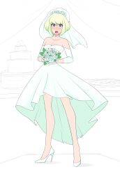 Rule 34 | 1boy, absurdres, androgynous, blonde hair, blush, bouquet, bridal veil, bride, cake, choker, crossdressing, dress, flower, food, full body, high heels, highres, lio fotia, lipstick, looking at viewer, makeup, male bride, male focus, open mouth, pizza, promare, purple eyes, sealguy, simple background, solo, trap, veil, wedding dress, white dress, white flower, white footwear
