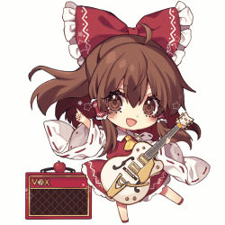 Rule 34 | 1girl, ahoge, amplifier, apple, blush, bow, brown eyes, brown hair, chibi, commentary request, detached sleeves, electric guitar, food, fruit, full body, guitar, hair between eyes, hair bow, hair tubes, hakurei reimu, highres, holding, holding instrument, instrument, kyouda suzuka, long hair, looking at viewer, open mouth, outstretched arm, pointing, red bow, red footwear, red shirt, red skirt, shirt, simple background, skirt, smile, solo, star (symbol), touhou, white background, wide sleeves, yellow neckwear, yin yang