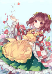 Rule 34 | 1girl, absurdres, apron, bell, boots, brown hair, checkered clothes, checkered kimono, flower, highres, hiyoko no tataki, japanese clothes, kimono, md5 mismatch, motoori kosuzu, red eyes, red flower, short hair, sky, solo, touhou, twintails, two side up