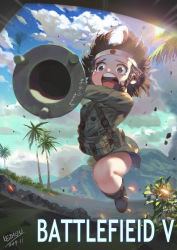 Rule 34 | 1girl, battlefield v, black eyes, black hair, boots, braid, child, cloud, copyright name, dated, day, full body, green jacket, hachimaki, headband, heart, highres, holding, holding weapon, imperial japanese army, jacket, jumping, kezhou, long sleeves, lunge mine, medium hair, military jacket, mountain, no pants, open mouth, outdoors, palm tree, pouch, round teeth, short hair, shouting, side braid, signature, sky, solo, tears, teeth, translation request, tree, typo, weapon