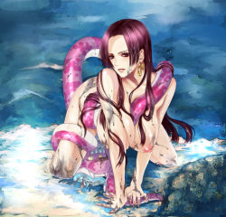 Rule 34 | 1girl, all fours, bad id, bad pixiv id, between breasts, black eyes, black hair, boa hancock, breasts, dirty, earrings, furayu (flayu), hanging breasts, jewelry, large breasts, lips, long hair, nipples, nude, one piece, salome (one piece), snake, water