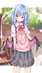 Rule 34 | 1girl, bad id, bad pixiv id, bat hair ornament, bat wings, black skirt, blue hair, bow, bowtie, closed mouth, collared shirt, cowboy shot, hair ornament, highres, looking at viewer, outdoors, pleated skirt, pointy ears, red bow, red bowtie, red eyes, remilia scarlet, sabana, school uniform, shirt, short hair, short sleeves, skirt, standing, touhou, white shirt, wings