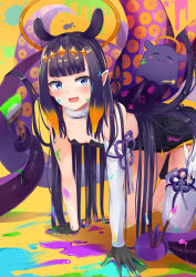 Rule 34 | 1girl, :d, all fours, bare shoulders, black dress, black gloves, blue eyes, blunt bangs, breasts, detached sleeves, dress, fang, gloves, hair ornament, halo, highres, hololive, hololive english, irohara, long hair, looking at viewer, mole, mole under eye, ninomae ina&#039;nis, ninomae ina&#039;nis (1st costume), open mouth, orange background, paint, paint in hair, paint on body, paint splatter, paint splatter on face, paintbrush, pointy ears, purple hair, single detached sleeve, single thighhigh, skin fang, small breasts, smile, solo, takodachi (ninomae ina&#039;nis), tentacle hair, tentacles, thighhighs, tongue, virtual youtuber