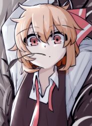 Rule 34 | 1girl, arms up, black vest, blonde hair, closed mouth, commentary, highres, long sleeves, looking at viewer, manekinekoppoi inu, mouth hold, necktie, red eyes, rumia, shirt, short hair, solo, stalk in mouth, touhou, undone necktie, upper body, vest, white shirt