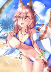 Rule 34 | 1girl, absurdres, animal ear fluff, animal ears, artist request, bad id, bad pixiv id, beach, bikini, blue bikini, blush, breasts, censored, cleavage, collarbone, covered erect nipples, day, fang, fate/grand order, fate (series), fox ears, fox girl, fox shadow puppet, fox tail, groin, hat, highres, innertube, large breasts, looking at viewer, looking up, navel, ocean, open mouth, outdoors, palm leaf, palm tree, palms, pink hair, side-tie bikini bottom, solo, straw hat, swim ring, swimsuit, tail, tamamo (fate), tamamo no mae (fate/extra), tamamo no mae (swimsuit lancer) (fate), tamamo no mae (swimsuit lancer) (third ascension) (fate), tree, yellow eyes