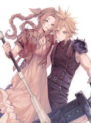 Rule 34 | 1boy, 1girl, aerith gainsborough, armor, belt buckle, blonde hair, blue eyes, braid, braided ponytail, brown hair, buckle, buster sword, cloud strife, dress, final fantasy, final fantasy vii, final fantasy vii remake, green eyes, hair ribbon, hand on another&#039;s shoulder, hand on another&#039;s waist, highres, holding, holding staff, jacket, leanor ff14, leather belt, light smile, pink dress, red jacket, ribbon, shoulder armor, spiked hair, staff, suspenders, turtleneck
