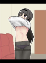 Rule 34 | 1girl, akemi homura, black hair, black hairband, breasts, clothes lift, couch, cowboy shot, door, female focus, hair between eyes, hair ornament, hairband, indoors, letterboxed, lifting own clothes, long hair, mahou shoujo madoka magica, nipples, no bra, panties, panties under pantyhose, pantyhose, purple eyes, rushou kei, shirt, shirt lift, sidelocks, small breasts, solo, standing, underwear, undressing, white shirt