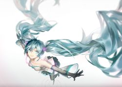 Rule 34 | 1girl, absurdres, aqua eyes, aqua hair, bad id, bad pixiv id, detached sleeves, elbow gloves, floating hair, gloves, hatsune miku, highres, long hair, outstretched arms, see-through, skirt, solo, spread arms, twintails, very long hair, vocaloid, yyb