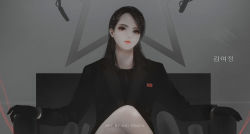 Rule 34 | 1girl, aoi ogata, armchair, artist name, asymmetrical bangs, black eyes, black gloves, black hair, black jacket, black shirt, chair, character name, closed mouth, commentary, crossed legs, dictator, facing viewer, gloves, grey background, highres, jacket, kim yo-jong, korean text, long hair, long sleeves, looking at viewer, microphone, pale skin, real life, red lips, shirt, sitting, solo, swept bangs, translated