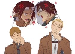Rule 34 | 1other, 2boys, anger vein, blonde hair, brown eyes, brown hair, brown jacket, closed eyes, commentary, erwin smith, frown, goggles, goggles on head, hand on own chin, hand on own neck, hange zoe, hanpetos, jacket, moblit berner, multiple boys, open mouth, shingeki no kyojin, sweat, v-shaped eyebrows