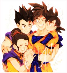 Rule 34 | 1girl, 3boys, :d, ;d, ^ ^, black hair, bracelet, brothers, carrying, cheek-to-cheek, chi-chi (dragon ball), child, china dress, chinese clothes, closed eyes, closed mouth, commentary request, couple, d89im, dougi, dragon ball, dragonball z, dress, eyelashes, family, father and son, fingernails, group hug, hair bun, hand on another&#039;s hand, hand on another&#039;s shoulder, heads together, hetero, highres, hug, husband and wife, jewelry, light particles, looking at another, messy hair, mother and son, multiple boys, neckerchief, one eye closed, open mouth, pectorals, purple neckerchief, siblings, simple background, single hair bun, sleeveless, sleeveless dress, smile, son gohan, son goku, son goten, spiked hair, teeth, upper body, upper teeth only, white background, wristband