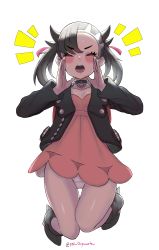 Rule 34 | 1girl, absurdres, ankle boots, artist name, asymmetrical bangs, backpack, bag, black choker, black footwear, black hair, black jacket, blush, boots, choker, closed eyes, collarbone, commentary request, covered clitoris, creatures (company), dress, game freak, gupunetsu, hair ribbon, hands up, highres, jacket, long sleeves, marnie (pokemon), nintendo, open clothes, open jacket, open mouth, panties, pink dress, pokemon, pokemon swsh, ribbon, shiny skin, simple background, solo, teeth, tongue, underwear, white background
