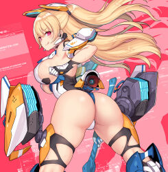 Rule 34 | 1girl, armpits, ass, blonde hair, breasts, curvy, from behind, headgear, holding, holding weapon, hologram, holographic interface, impossible clothes, impossible leotard, large breasts, leaning forward, leotard, long hair, looking at viewer, looking back, mecha musume, multicolored leotard, nidy, original, pink eyes, ponytail, red background, science fiction, sideboob, simple background, skindentation, solo, thick thighs, thighs, thrusters, tongue, tongue out, underboob, weapon
