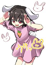 Rule 34 | 1girl, 9302w (user wjpg8475), :d, animal ears, black hair, carrot, carrot necklace, dress, highres, inaba tewi, jewelry, necklace, open mouth, pink dress, rabbit, rabbit ears, rabbit pose, rabbit tail, red eyes, short hair, simple background, smile, tail, touhou