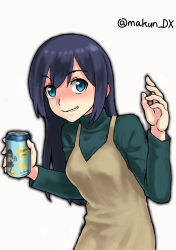 Rule 34 | 1girl, beer can, blue eyes, blue hair, brown dress, can, dress, drink can, green sweater, hair down, kantai collection, maakun (makun dx), meta, official alternate costume, official alternate hairstyle, one-hour drawing challenge, simple background, solo, souryuu (kancolle), sweater, twitter username, upper body, white background