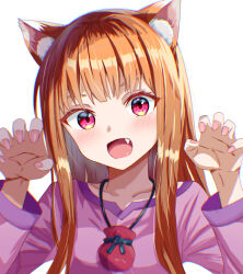 Rule 34 | 1girl, :d, absurdres, animal ear fluff, animal ears, blush, breasts, brown hair, ciruciru0810, claw pose, close-up, collarbone, commentary, fang, hair over shoulder, hands up, head tilt, highres, holo, jewelry, long hair, looking at viewer, loose hair strand, nail polish, necklace, open mouth, pink nails, portrait, pouch, purple shirt, red eyes, shirt, simple background, small breasts, smile, solo, spice and wolf, upper body, white background, wolf ears, wolf girl