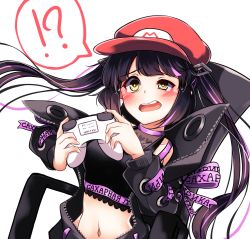 Rule 34 | !?, 1girl, black hair, black jacket, black shirt, blouse, blunt bangs, blush, breasts, chair, cleavage, commentary request, controller, crop top, cross-laced clothes, cross-laced sleeves, dameyoshi, demon girl, demon horns, game controller, heart, heart print, highres, holding, holding controller, holding game controller, horns, jacket, kojo anna, kojo anna (1st costume), long hair, long sleeves, mario (series), medium breasts, midriff, multicolored hair, nanashi inc., navel, nintendo, off shoulder, open clothes, open jacket, open mouth, pink hair, pointy ears, print shirt, red headwear, russian text, see-through, see-through cleavage, see-through shirt, shirt, simple background, sleeveless, sleeveless shirt, solo, sugar lyric, twintails, two-tone hair, uneven eyes, upper body, virtual youtuber, white background, yellow eyes, zipper