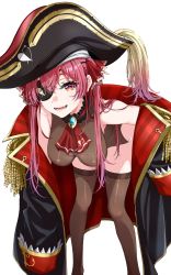 Rule 34 | 1girl, absurdres, black hat, black thighhighs, eyepatch, hat, highres, hololive, houshou marine, jacket, oshimaidebu, pirate hat, red hair, simple background, solo, thighhighs, virtual youtuber, white background
