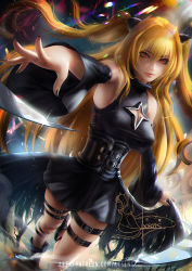 Rule 34 | 1girl, alternate breast size, armpits, axsen, black dress, black nails, black sleeves, blonde hair, breasts, cleavage, cleavage cutout, clothing cutout, detached sleeves, dress, dutch angle, floating hair, hair intakes, hair ornament, highres, konjiki no yami, large breasts, long hair, long sleeves, looking at viewer, nail polish, outstretched arm, outstretched hand, short dress, sleeveless, sleeveless dress, solo, standing, thigh strap, to love-ru, twintails, very long hair, waist cape, watermark, wide sleeves