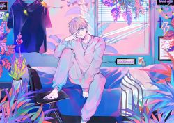 Rule 34 | 1boy, barefoot, bed, black nails, blue eyes, character name, feet, girly boy, indie utaite, indoors, jewelry, leaf, looking to the side, luz (utaite), male focus, nail polish, necklace, niconico, one eye covered, pants, pastel colors, pillow, plant, ritsuno ananda, silver hair, sitting, solo, sweater, sweatpants, toenail polish, toenails, toes, utaite, window blinds