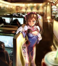 Rule 34 | 1girl, :p, absurdres, blurry, blush, bodysuit, breasts, brown eyes, brown hair, commentary, contrapposto, cowboy shot, d.va (overwatch), depth of field, donguru, facial mark, gloves, headphones, highres, indoors, internet cafe, long hair, looking at viewer, medium breasts, meta, monitor, overwatch, overwatch 1, pilot suit, pov, revision, smile, solo, standing, sweat, swept bangs, tongue, tongue out, whisker markings, white gloves