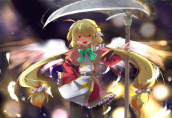 Rule 34 | 1girl, absurdres, anmita (rarutos), blonde hair, bow, capelet, dress, hair ornament, highres, holding, holding scythe, long hair, mystical power plant, off shoulder, original, red eyes, saraka sant&#039;angelo, scythe, smile, solo, touhou, twintails, wings