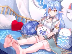 Rule 34 | 1girl, absurdres, barefoot, blue hair, blue nails, blush, bow, bowtie, breasts, cleavage, closed mouth, commentary, daifuku (yukihana lamy), dress, elf, feet, gold trim, green bow, green bowtie, green wristband, heart, heart-shaped pillow, highres, hololive, indoors, lace-trimmed collar, lace trim, large breasts, long hair, long pointy ears, looking at viewer, nail polish, no ahoge, official alternate costume, on bed, pillow, pointy ears, ponytail, sitting, sleeveless, sleeveless dress, smile, snowflake print, soles, solo, split mouth, symbol-only commentary, toenail polish, toenails, toes, very long hair, virtual youtuber, white dress, window, yellow eyes, yoshikawa hiro, yukihana lamy, yukihana lamy (5th costume), yukimin (yukihana lamy)
