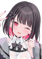 Rule 34 | 1girl, bare shoulders, belt, black belt, black bow, black bowtie, black choker, black hair, blunt bangs, blush, bow, bowtie, choker, collared shirt, earrings, fang, frilled shirt, frills, hair bow, heart, heart earrings, highres, indie virtual youtuber, jewelry, long sleeves, looking at viewer, medium hair, multicolored hair, nail polish, one eye closed, open mouth, pink hair, pink nails, plaid, plaid bow, plaid bowtie, rikotan, rikotan (vtuber), see-through, shirt, simple background, smile, solo, two-tone hair, upper body, v, virtual youtuber, wet, wet clothes, wet shirt, white background, white shirt