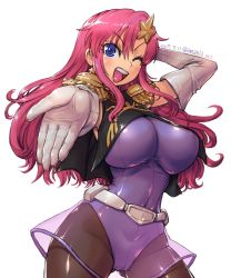 Rule 34 | 1girl, amania orz, arm behind head, artist name, belt, blue eyes, blush, breasts, commentary request, dated, elbow gloves, epaulettes, gloves, gluteal fold, gundam, gundam seed, gundam seed destiny, hair between eyes, hair ornament, highleg, highleg leotard, large breasts, leotard, long hair, meer campbell, one eye closed, outstretched arm, pantyhose, pink hair, purple leotard, see-through, see-through skirt, shiny clothes, shiny skin, simple background, skirt, solo, star (symbol), white background, white gloves