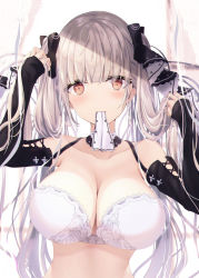 Rule 34 | 1girl, absurdres, arm up, azur lane, bare shoulders, black ribbon, blunt bangs, blush, bra, breasts, cleavage, collarbone, commentary, detached sleeves, formidable (azur lane), hair ribbon, hand up, highres, holding, holding hair, liya, long hair, looking at viewer, mouth hold, no shirt, ribbon, solo, strapless, strapless bra, thighhighs, two-tone ribbon, underwear, upper body, white bra, white ribbon