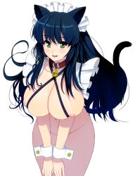 Rule 34 | 1girl, animal ears, areola slip, black hair, blush, bottomless, breasts, cat ears, collar, green eyes, hanging breasts, huge breasts, kouno (masao), leaning forward, legs, long hair, looking at viewer, maid, navel, nipple slip, nipples, open mouth, original, simple background, skindentation, smile, solo, standing, thighs, white background