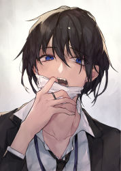 Rule 34 | 1boy, black hair, black necktie, black suit, blouse, blue eyes, choker, collarbone, collared shirt, commentary request, formal, hair between eyes, highres, jewelry, long sleeves, male focus, mask, mouth mask, necktie, original, portrait, purin uni, ring, shirt, simple background, solo, suit, undone necktie, white background, white shirt