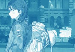 Rule 34 | 1girl, artist request, backpack, badge, bag, blue theme, blurry, blurry background, commentary request, flower, from side, fukumaru koito, hair flower, hair ornament, hand in pocket, hat, unworn hat, unworn headwear, highres, idolmaster, idolmaster shiny colors, jacket, long sleeves, medium hair, monochrome, solo, twintails, upper body