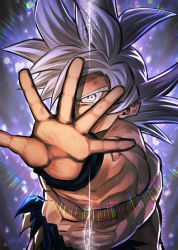 Rule 34 | 1boy, abs, aiming, aiming at viewer, arm at side, backlighting, black outline, covered mouth, denim, dirty, dragon ball, dragon ball super, expressionless, glowing, grey background, grey eyes, grey hair, jeans, light particles, light rays, male focus, mattari illust, muscular, outline, outstretched arm, palms, pants, scratches, shaded face, simple background, solo, son goku, spiked hair, topless male, torn clothes, torn jeans, torn pants, twitter username, ultra instinct, upper body, wristband