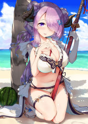 Rule 34 | 10s, 1girl, :p, beach, between breasts, between legs, bikini, blush, breasts, cleavage, day, draph, food, fruit, granblue fantasy, highres, horns, kasappi, katana, large breasts, light purple hair, long hair, looking at viewer, narmaya (granblue fantasy), narmaya (summer) (granblue fantasy), navel, ocean, pointy ears, purple eyes, sandals, solo, swimsuit, sword, tongue, tongue out, twintails, watermelon, weapon, white bikini