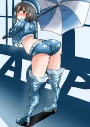 Rule 34 | 10s, 1girl, ass, ayuayu (shouyu no sato), bent over, black hair, boots, gloves, hat, high heels, kantai collection, looking back, midriff, race queen, red eyes, short hair, short shorts, shorts, solo, takao (kancolle), thigh boots, thighhighs, thighs, umbrella